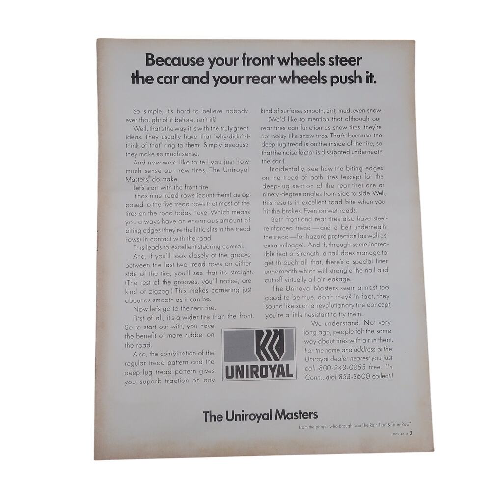 Uniroyal Masters Tire Magazine Advertisement 1969 B&W Vintage Automobilia